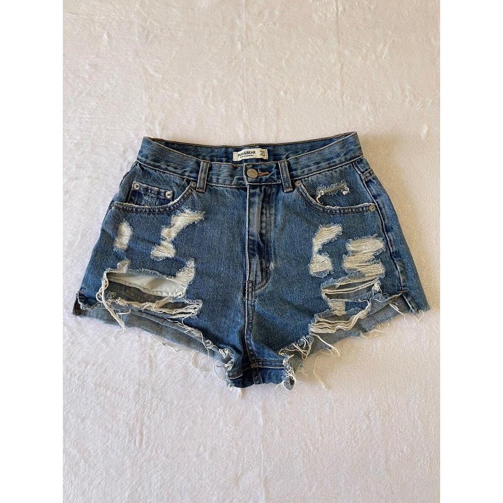 Pull&Bear Womens Size 4 Distressed Denim Shorts High Rise Ripped Cutoff Raw Hem
